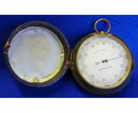 A 19th Century compensated travelling Barometer within gilt metal case, the silvered dial with degree increments and signed A