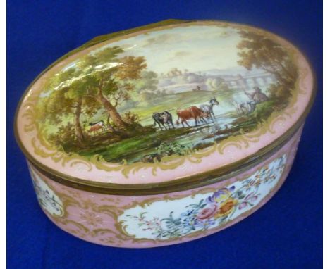 A large enamelled oval dome topped Box, the hinged cover hand decorated with a shepherd and cows watering before a bridge lea