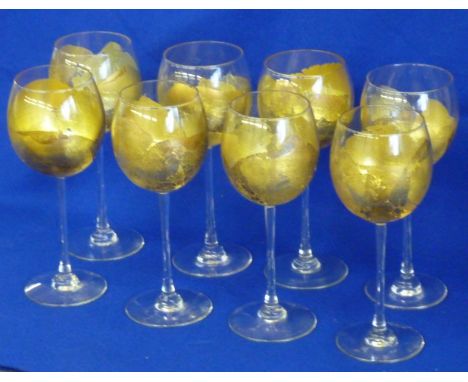 A fine set of eight Wines, each glass decorated with gold leaf and signed R (Randy) Strong and dated 1993 (USA), etched marks