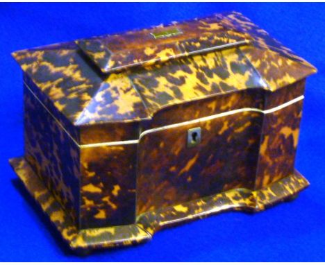 A good late Regency period tortoiseshell veneered and ivory mounted two division Tea Caddy, the hinged lid centred with a un-