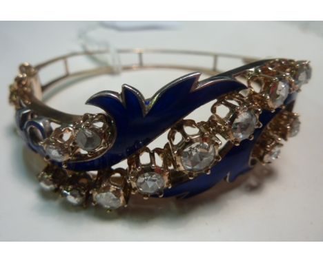 A highly unusual and very fine quality ladies 18 carat yellow gold antique and blue enamel Bracelet set with thirteen graduat