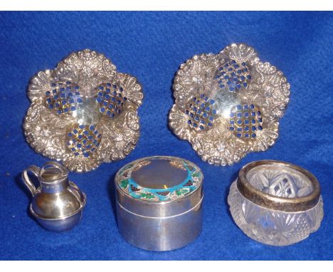 Small silver wares including two pieced flower head shaped Bon Bon Dishes a miniature hallmarked silver Jersey Cream Jug and 