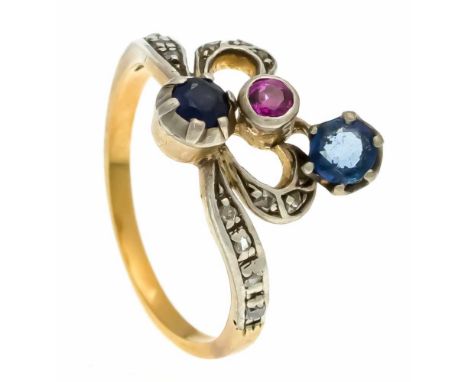 Saphir-Rubin-Diamant-Ring GG/WG 792/000 ( 19 KT.) mit 2 rund fac. Saphiren 4 - 3,8 mm, ein rund fac. Rubin 3 mm und Diamantro