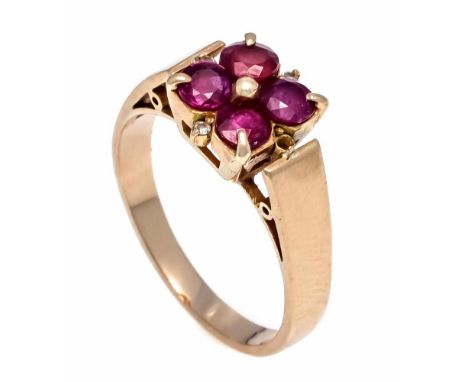 Rubin-Diamant-Ring GG 585/000 ungest., gepr., mit 4 rund fac. Rubinen 4 mm in guter Farbe und 3 Diamanten (1 fehlt), zus. 0,0