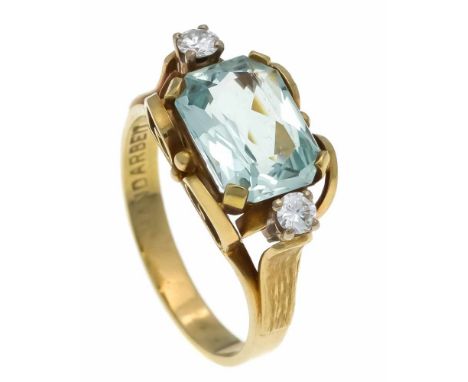 Aquamarin-Brillant-Ring GG 585/000 mit einem im Scherenschliff fac. Aquamarin 11 x 8,5 mm und 2 Brillanten, zus. 0,20 ct W/VS