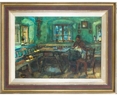Theodor Hummel (1864-1939), Interieur mit Frau bei der Hausarbeit, Öl auf Lwd., u. re. sign. u. dat. (19)22, 43 x 59 cm, ger.