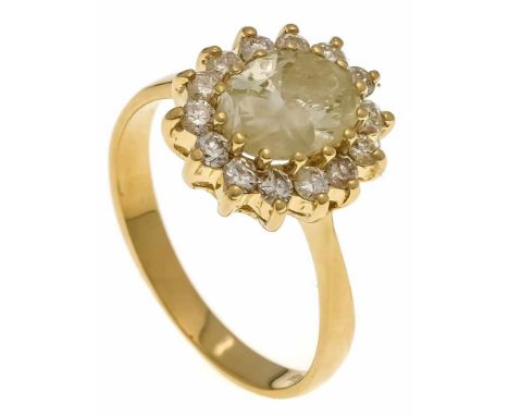 Brillant-Ring GG 585/000 mit einem oval fac. Diamanten 1,50 ct getönt/PI  und 14 Brillanten, zus. 0,50 ct l.get.W/SI, RG 54, 
