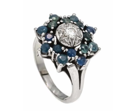 Saphir-Brillant-Ring WG 585/000 mit 16 rund fac. Saphiren 2,5 mm und einem Brillanten W/VS, RG 55, 6,7 gSapphire and diamond 