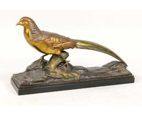 R. Pollin, Bildhauer des Art Déco um 1920, stilisierter Fasam, patinierte Bronze, in der Terrainplinthe sign. ''R. Pollin, au