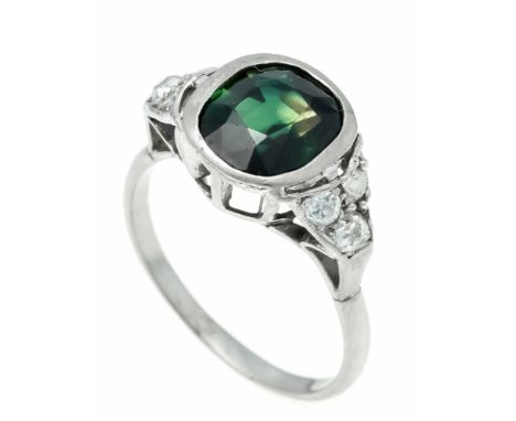 Turmalin-Altschliff-Diamant-Ring Palladium 800/000 mit einem oval fac. Turmalin, 10,1 x 9,4 mm, Indigolith/Verdelith, leicht 