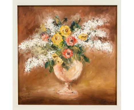 Unbekannter Maler 2. H. 20. Jh., Blumen in Vase, Öl auf Platte, u. re. undeutlich sign., ger. 57 x 57 cmUnknown painter 2nd h