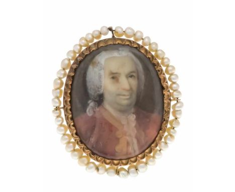 Miniatur-Brosche GG 510/000 ungest., gepr., mit einer ovalen Miniatur-Malerei 33 x 26 mm, antikes Portrait eines Herrn (l. Kr
