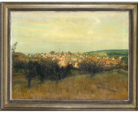 Gustav Holstein (1876-?), das Dorf Alt-Lietzegöricke an der Oder bei Sonnenaufgang (heute Stare Lysogórki), Öl auf Lwd., u. r