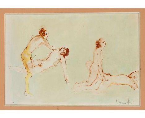Leonor Fini (1907-1996), zwei Farblithographien der italienischen Surrealistin: Paar beim Liebesspiel und Portrait eines jung