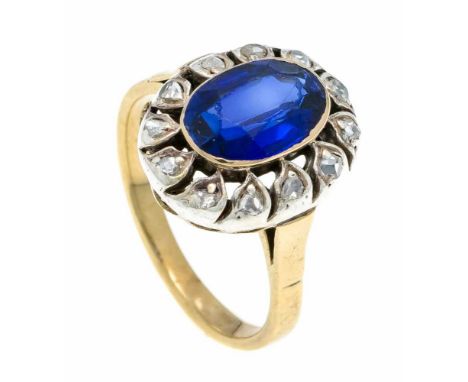 Saphir-Diamant-Ring RG/WG 585/000 Russland um 1920 mit einem oval fac. synth. Saphir 9,5 x 7 mm und 12 Diamantrosen, RG 51, 4