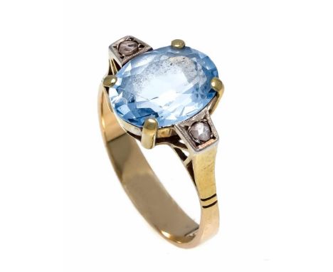 Synt.Spinell-Diamant-Ring GG 585/000 mit einem oval fac. blauen synt. Spinell 12,2 x 9,3 mm und 2 Diamantrosen, RG 59, 4,4 gS
