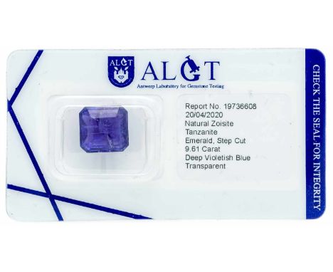 Tansanit 9,61 ct, deep violetish purple, emerald/step cut, transparent, deutliche innere Merkmale, 11,39 x 10,89 x 7,07 mm, m