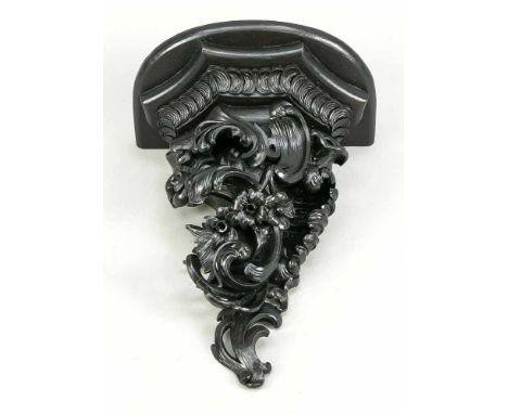 Wandkonsole, 20. Jh., Holzschnitzerei, schwarz lackiert, leicht ber., H. 34 cmWall console, 20th c., wood carving, black lacq