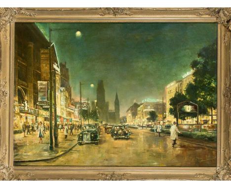 Walter Dettmann (1914-1984), in Kolberg geborener Maler, tätig in Berlin. Ansicht des Berliner Kurfürstendamms am Abend mit r