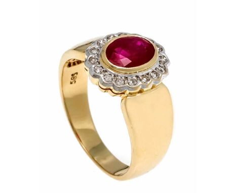 Rubin-Diamant-Ring GG/WG 585/000 mit einem oval fac. Rubin 7 x 5 mm  in guter Farbe und 16 Diamanten, zus. 0,08 ct W/SI, RG 5