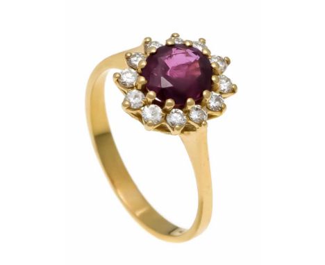 Rubin-Brillant-Ring 750/000 mit einem oval fac. Rubin 7,0 x 6,0 mm in guter Farbe und Reinheit, sowie 12 Brillanten, zus. 0,3