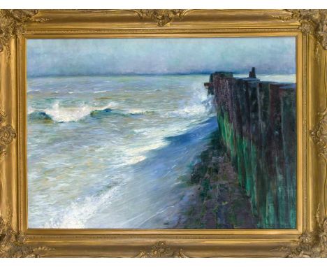 Max Schlichting (1866-1937), dt. Maler des Impressionismus. Großes Seestück mit Buhnen bei (Knokke)-Heist in Belgien, Öl auf 