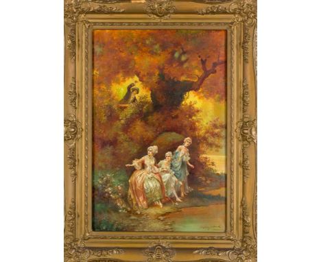 Stephan Sedlacek (1868-1936), österreichischer Genremaler. Drei sich entkleidende Damen im Reokokostil am See, von einem Mann