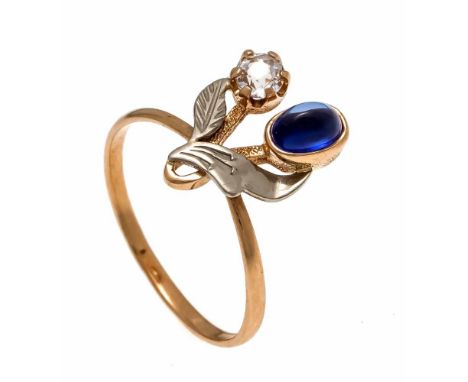 Saphir-Diamant-Ring RG 585/000 mit einem ovalen Saphircabochon 6 x 4 mm und einem Altschliff-Diamanten 0,25 ct W/VS, RG 60, 2