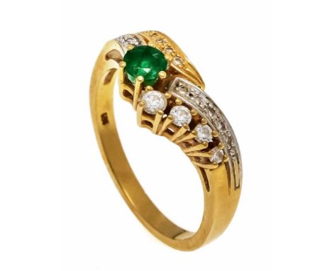 Smaragd-Brillant-Ring GG/WG 585/000 mit einem rund fac. Smaragd 3,8 mm, 4 Brillanten und 15 Diamanten, zus. 0,15 ct W/SI, RG 