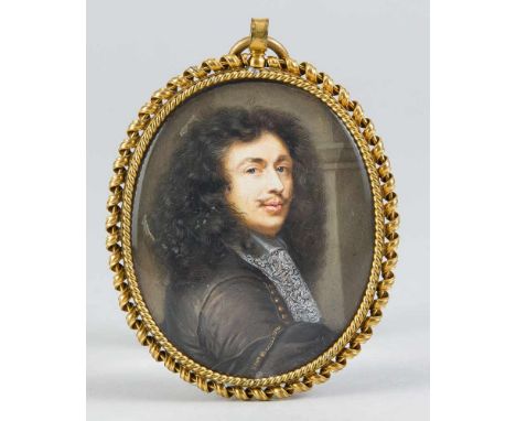 Frz. Miniaturmaler des 18. Jh., ovales Portrait des Dramatikers und Komödianten Molière (1622-1673), wohl Tempera auf Bein (u