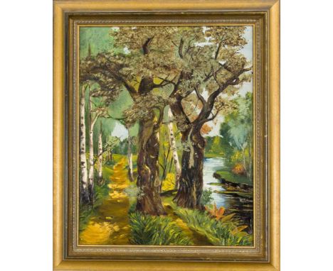 W. Schloß, 1. H. 20. Jh., Waldstück mit BAchlauf, Öl auf Karton. u. re. sign., 46 x 36 cm, ger. 58 x 48 cmW. Castle, 1st half
