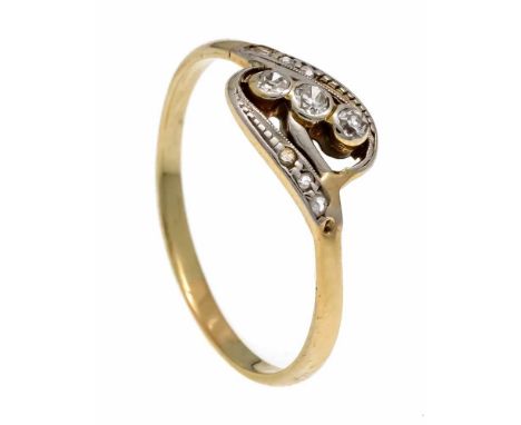 Art Déco Altschliff-Diamant-Ring GG/WG 475/000 ungest., gepr., mit 3 Altschliff-Diamanten, zus. 0,09 ct W/SI und Diamantrosen
