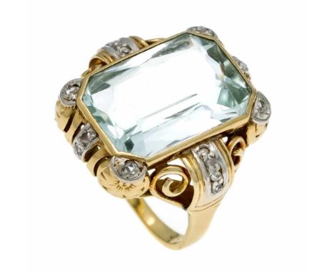 Aquamarin-Ring GG 585/000 mit einem im gemischten Scherenschliff fac. Aquamarin 16,5 x 12 mm, l. berieben und best., sowie Di