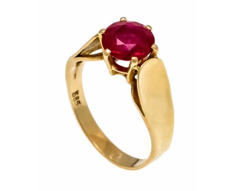 Synth.Rubin-Ring GG 585/000 mit einem rund fac. synt. Rubin 8,0 mm, RG 57, 3,8 gSynthetic ruby ring, GG 585/000 with a round 