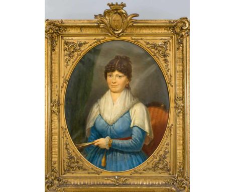 Bildnismaler um 1780, Porträt einer Dame mit Fächer im Oval, Öl auf lwd., unsign., im originalen Prunkrahmen mit Wappenbekrön
