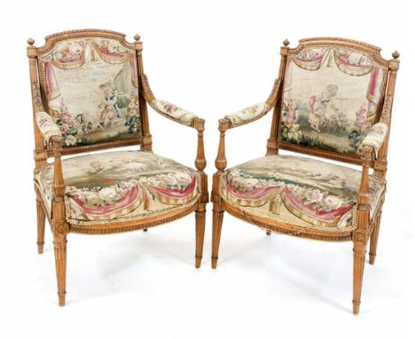 Paar Salonsessel, Frankreich 19. Jh., klassizistischer Stil, Eiche massiv, Gobelinbezug zerschlissen, 94 x 60 x 55 cmPair of 
