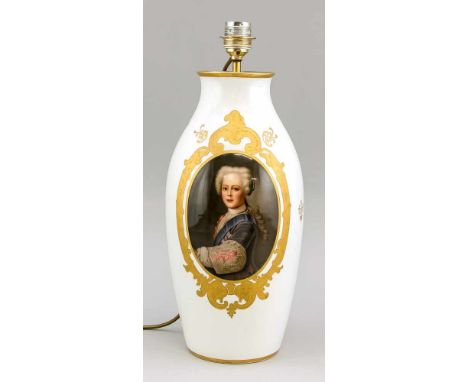 Vase als Lampenfuß, Rosenthal, Selb-Bavaria, 1920er Jahre, frontseitig Medaillon mit feiner polychromen Malerei, re. signiert