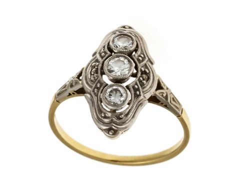 Art Déco Altschliff-Diamant-Ring GG/WG 585/000 mit 3 Altschliff-Diamanten und 2 Diamantrosen, zus. 0,30 ct W/SI, RG 56, 2,7 g
