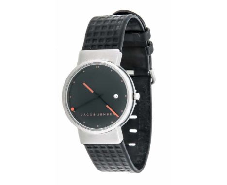 Jacob Jensen Designer Quarzuhr, Mod. Clear Series 420, um 2000, Titangehäuse mit Lederband und Titandornschließe, schwarzes Z