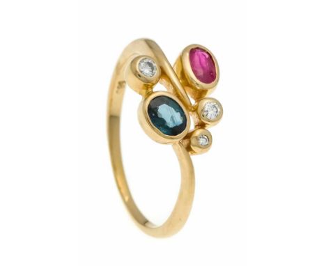 Rubin-Saphir-Brillant-Ring RG 585/000 mit je einem oval fac. Rubin 4,8 x 3,2 mm, Saphir 4,9 x 4,0 mm und 3 Brillanten, zus. 0