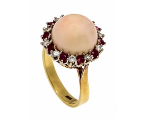 Korallen-Rubin-Brillant-Ring GG/WG 585/000 mit einem runden Engelshautkorallen-Cabochon 12 mm, 10 rund fac. Rubinen 2,2 mm un