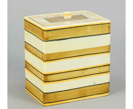Teedose Art Déco, Karlsruhe, 1920-30er Jahre, mit Deckel und Stöpsel gelb/braun glasiert, Entwurf Paul Speck 1927, Modell Nr.