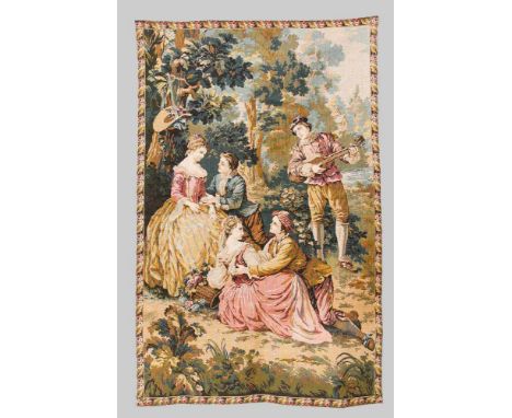 Historismus-Tapisserie, 20. Jh. Mehrfigurige, galante Szene im Landschaftsgarten. Bordüre mit Rosen und Eichenblättern. Leich