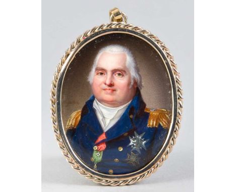 Jean-Baptiste Augustin (1759-1832), frz. Miniaturmaler, ovales Portrait des frz. Königs Louis XVIII., wohl Tempera auf Bein (