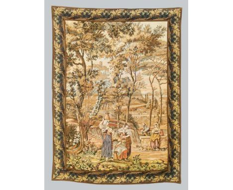 Historismus-Tapisserie, 20. Jh. Szene mit Wasserholenden an einem Brunnen in einer Landschaft. Bordüre mit Akanthusranke. Lei