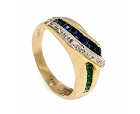 Saphir-Smaragd-Brillant-Ring GG 585/000 mit baguetteförmig fac. Saphiren 2,5 mm, carréförmig fac. Smaragden 1,7 mm und 8 Bril
