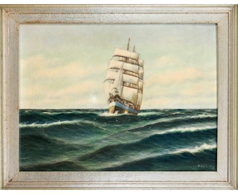 Edmund Völz (1902-1972), Hamburger Marinemaler, Zweimaster auf See, Öl/Lwd., u. re. sign. u. ortsbez. ''Hbg.'', Craquelé u. m