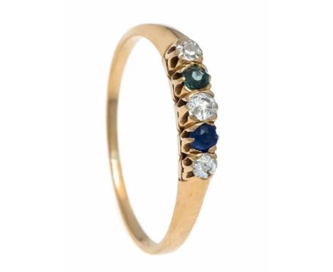 Saphir-Altschliff-Diamant-Ring RG 585/000 mit 2 rund fac. Saphiren 2 mm und 3 Altschliff-Diamanten, zus. 0,15 ct W/PI, RG 57,