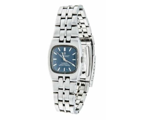 Omega Constellation Damenuhr, Chronometer, Automatik, um 1980, Stahlgehäuse und Band, Uhrwerk läuft, blaues Zifferblatt mit w