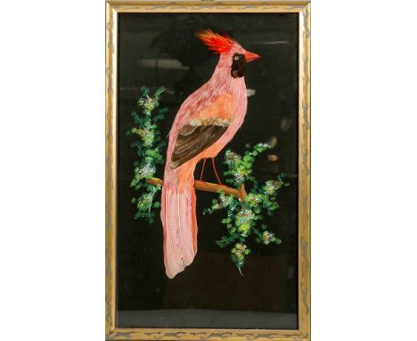 Vogelportrait mit Eigenfedern, Asien?, 20. Jh., auf einem Ast sitzend, hinter Glas im goldstaffierten Rahmen. Leicht ber., 43